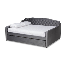 Baxton Studio Freda Transitional and Contemporary Grey Velvet Fabric Upholstered and Button Tufted Queen Size Daybed with Trundle